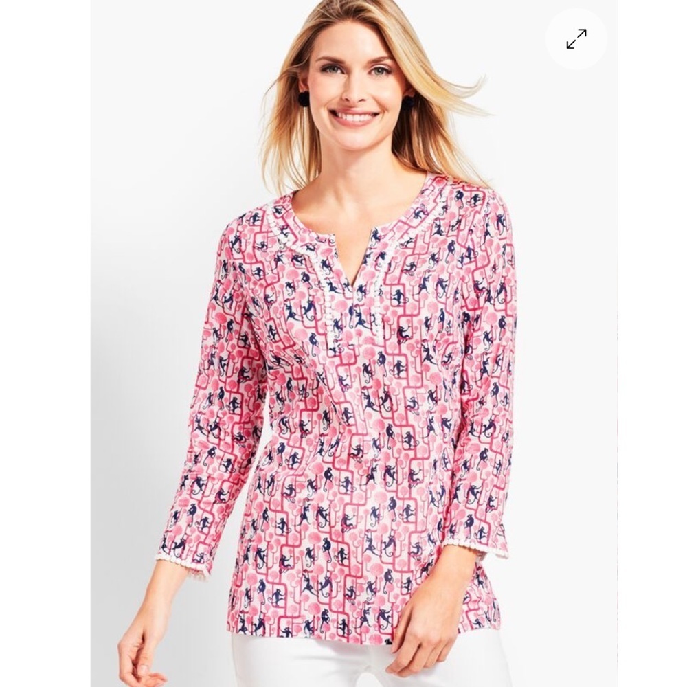 Talbots MONKEY-PRINT TUNIC TOP medium accent embroidery cotton 3/4 sleeves